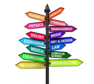 Colourful arrows each representing a different school subject or career path